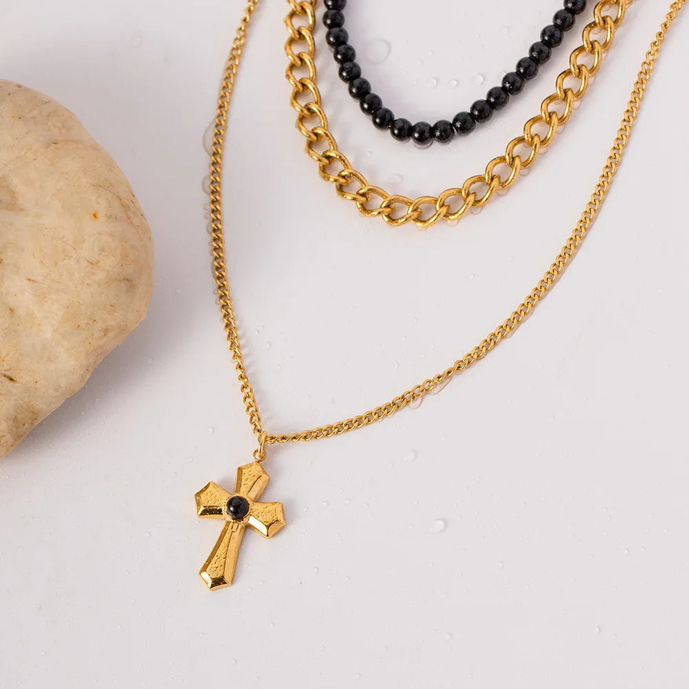 Agate Three Layer Cross Pendant Necklace